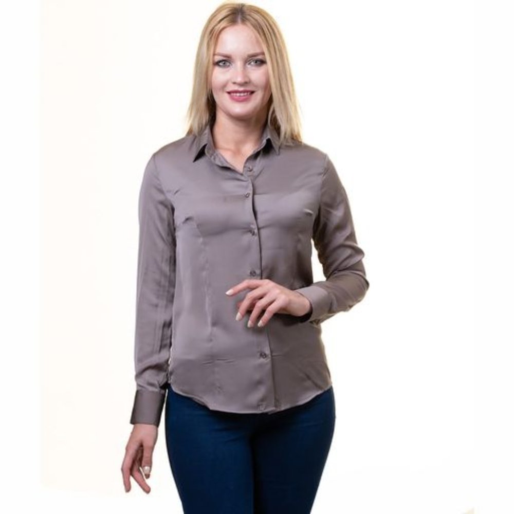 Solid Grey Button Up Shirts for Women - Floral Long Sleeve Cotton Shirts